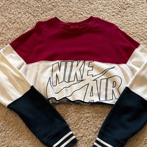 Nike Women's Burgundy, White, and Black Cropped Hoodie